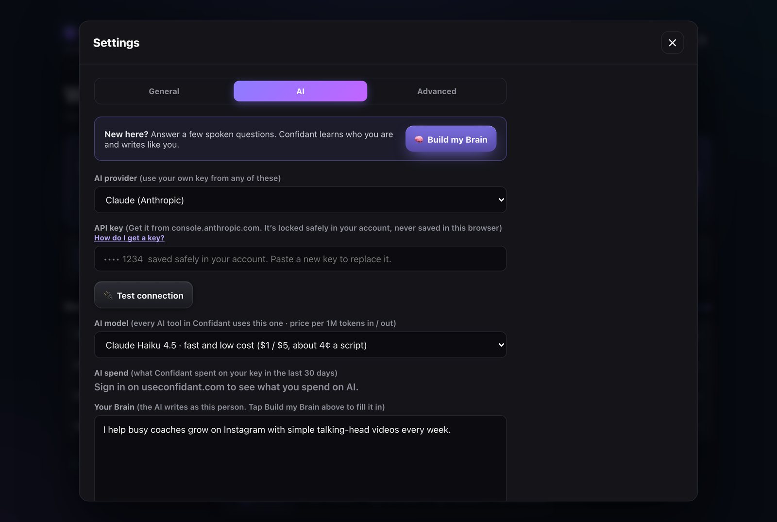 Settings with three tabs